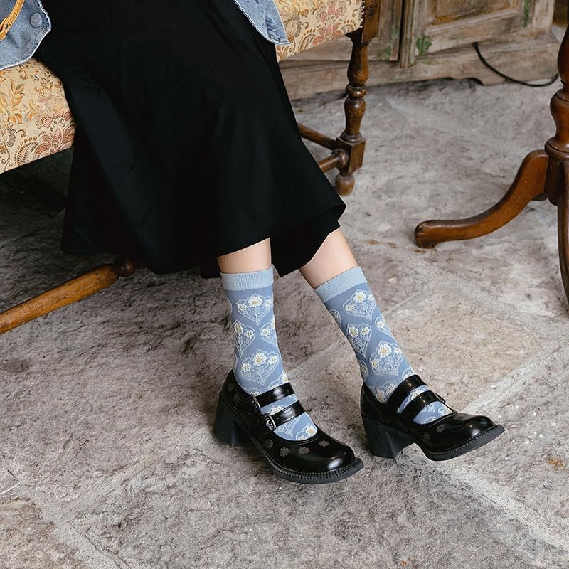 MarJunSep Cute Floral Crew Socks for Women Teen Girls Flower Cottagecore Frilly Vintage Fancy Cotton Socks - Image 4